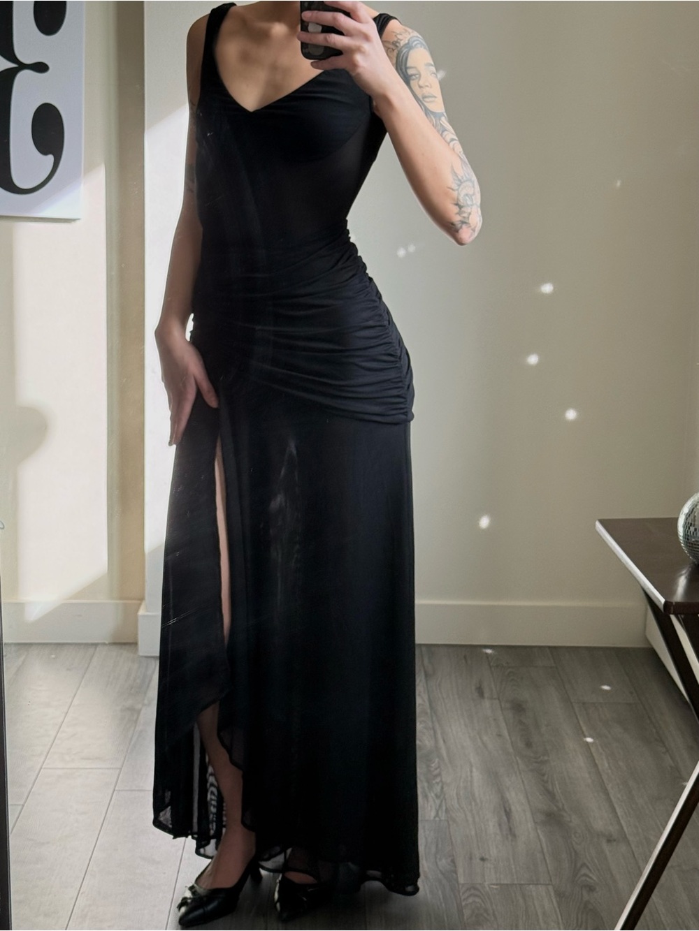 Showpo Demetria Black Mesh Underwire Ruched Maxi Dress US 4